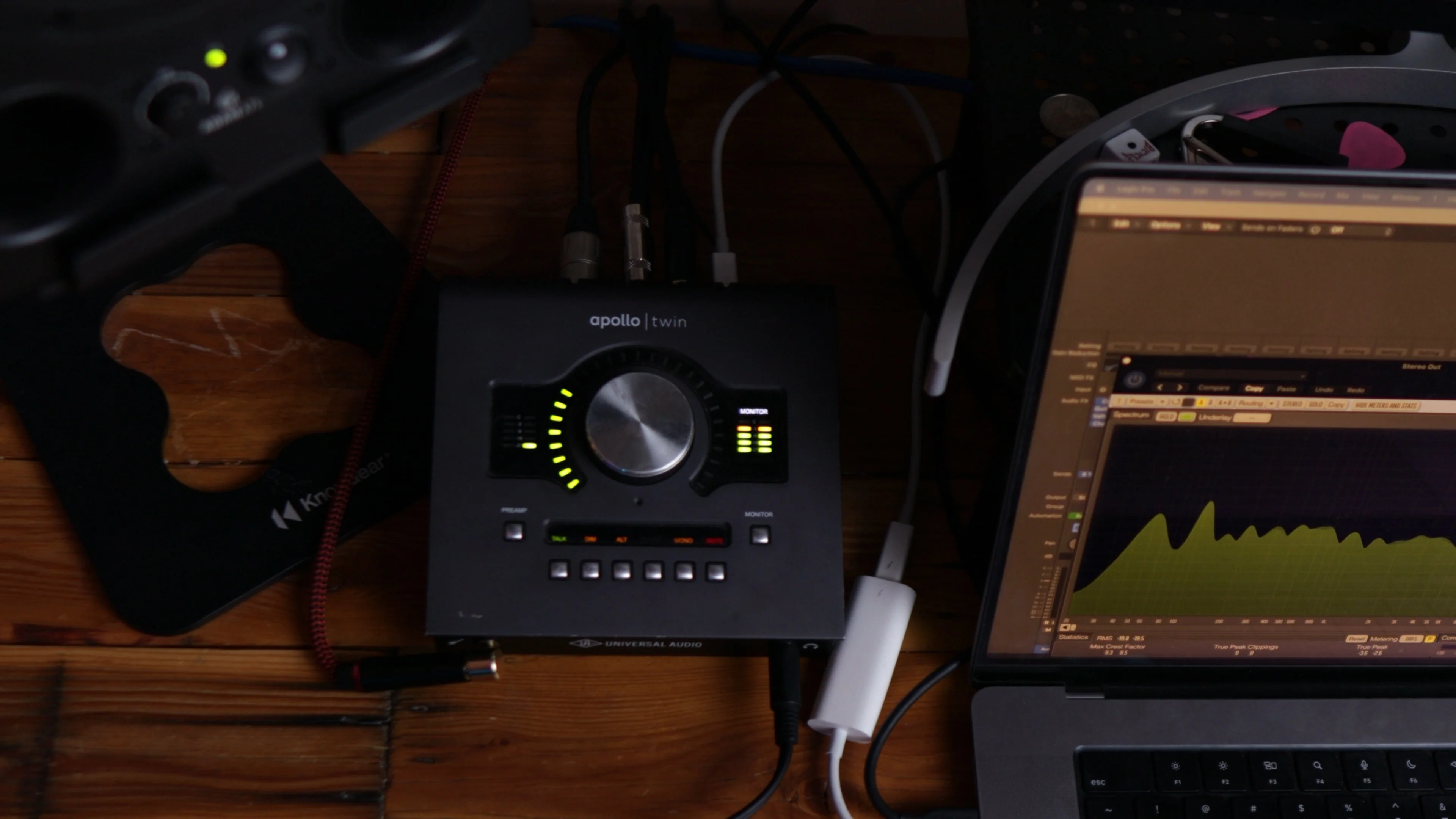 Audio interface with LED meters capturing live instrument levels for a full mix