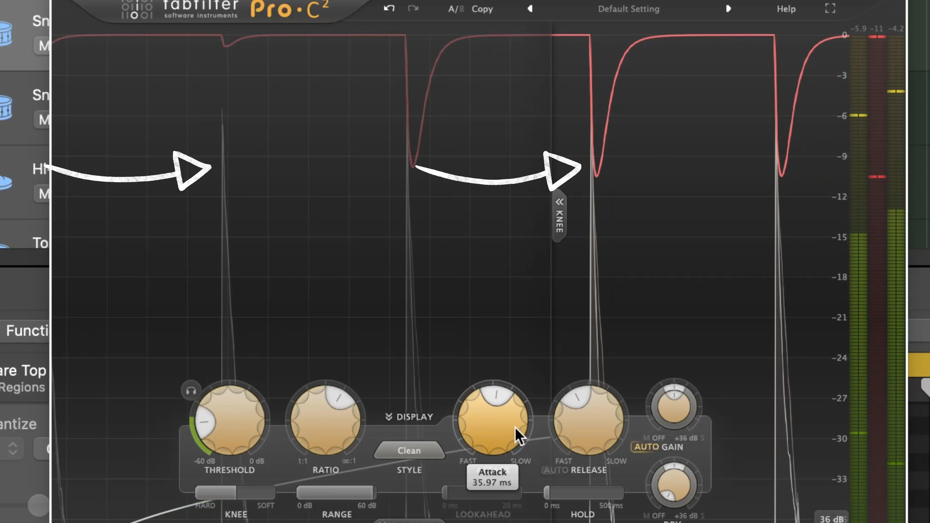 FabFilter Pro-C2 compressor settings demonstrating threshold and ratio for vocal compression