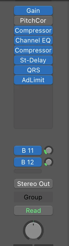 Logic Pro channel strip combining gain, compression, EQ, and limiting for balanced vocal processing