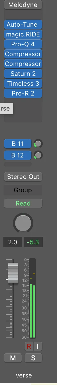 Logic Pro channel strip with multiple plugins applied to a verse vocal track for mixing