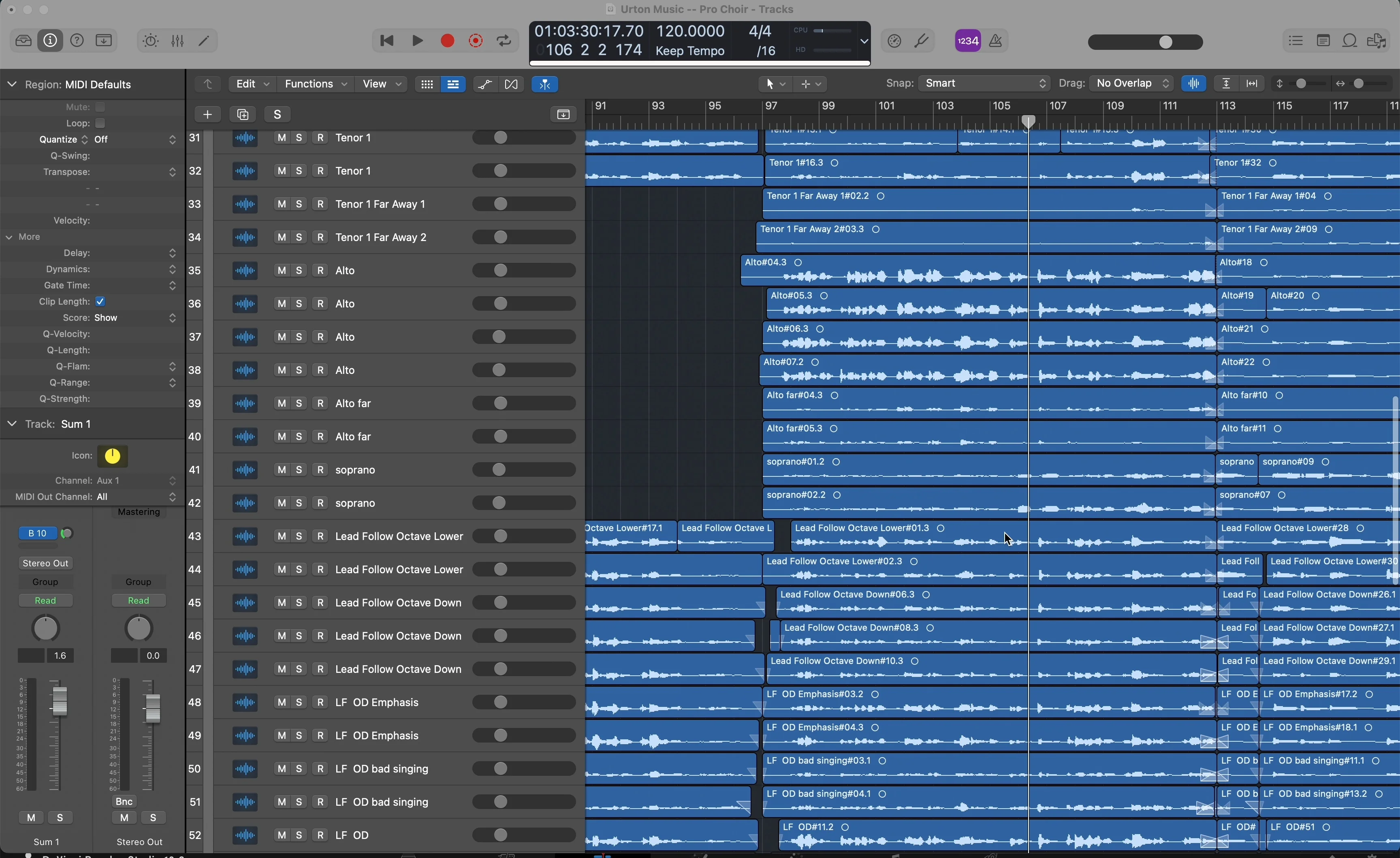 Logic Pro session showing layered tenor, alto, soprano and lead vocal tracks arranged to build a crowd chant effect