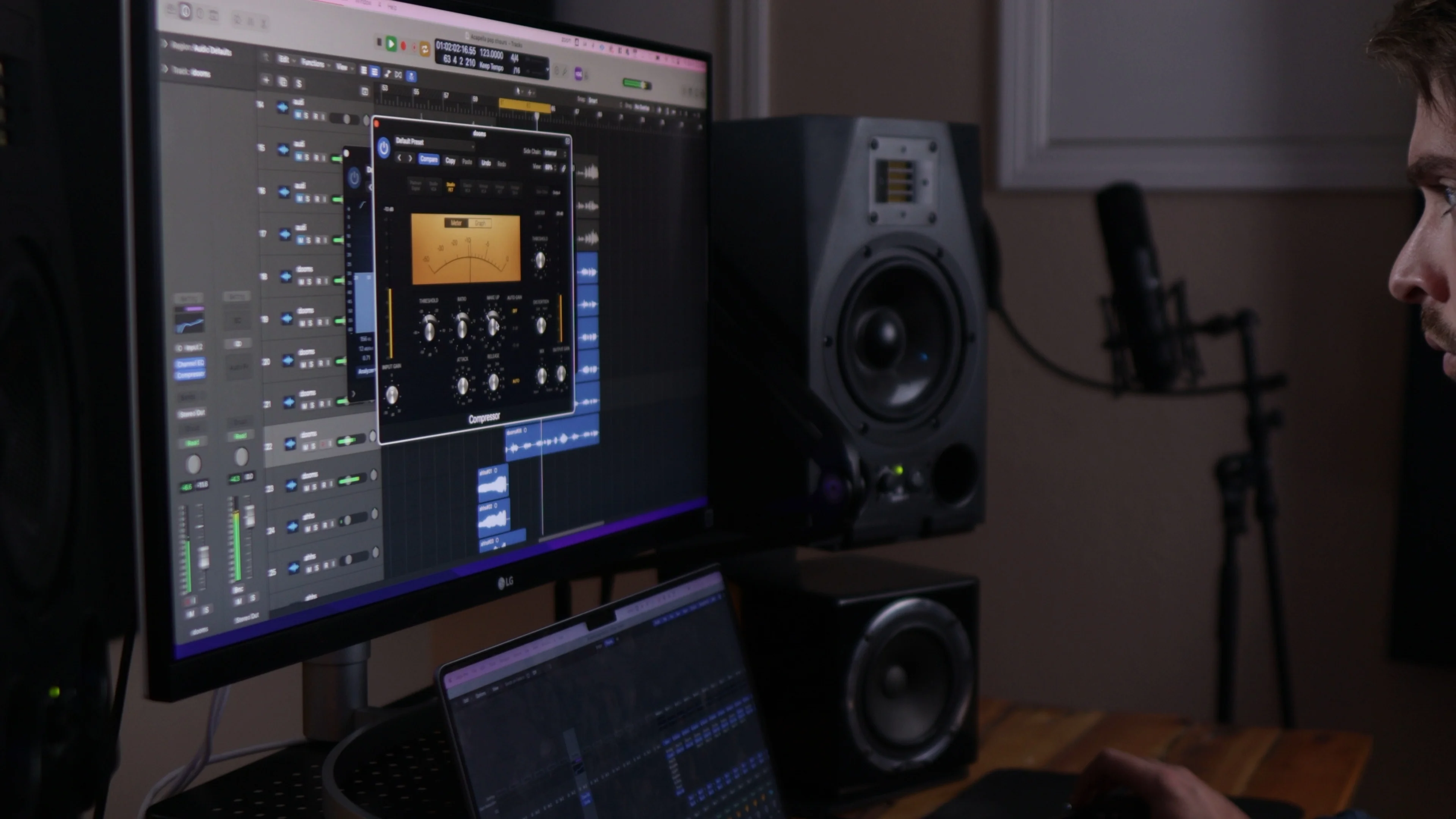 Logic Pro mixing session with vintage-style compressor plugin showing VU meter for tracking micro and macro vocal dynamics