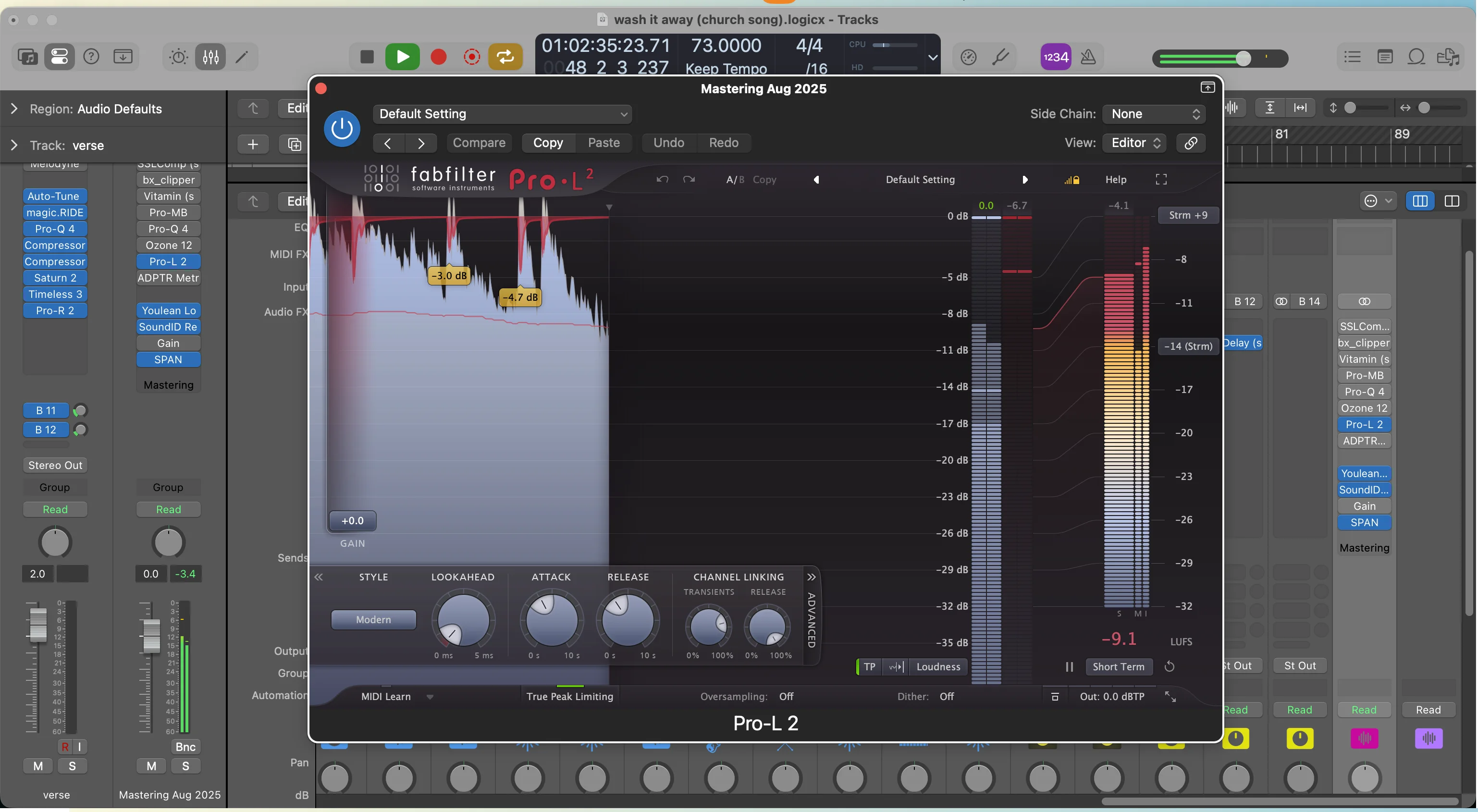 FabFilter Pro-L 2 limiter showing loudness metering for measuring vocal levels in a mix