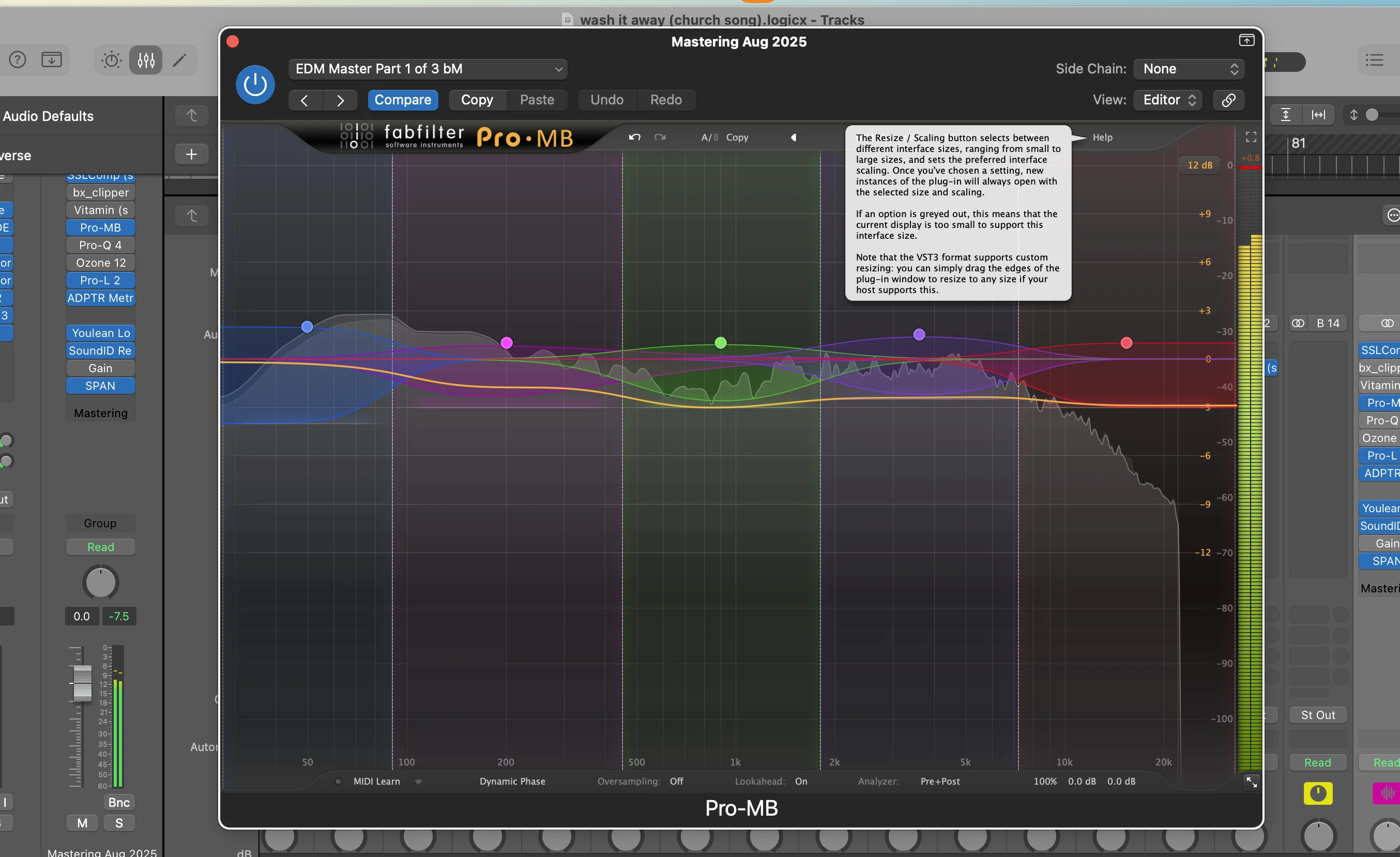 FabFilter Pro-MB multiband compressor showing frequency bands for deviating from the standard vocal curve