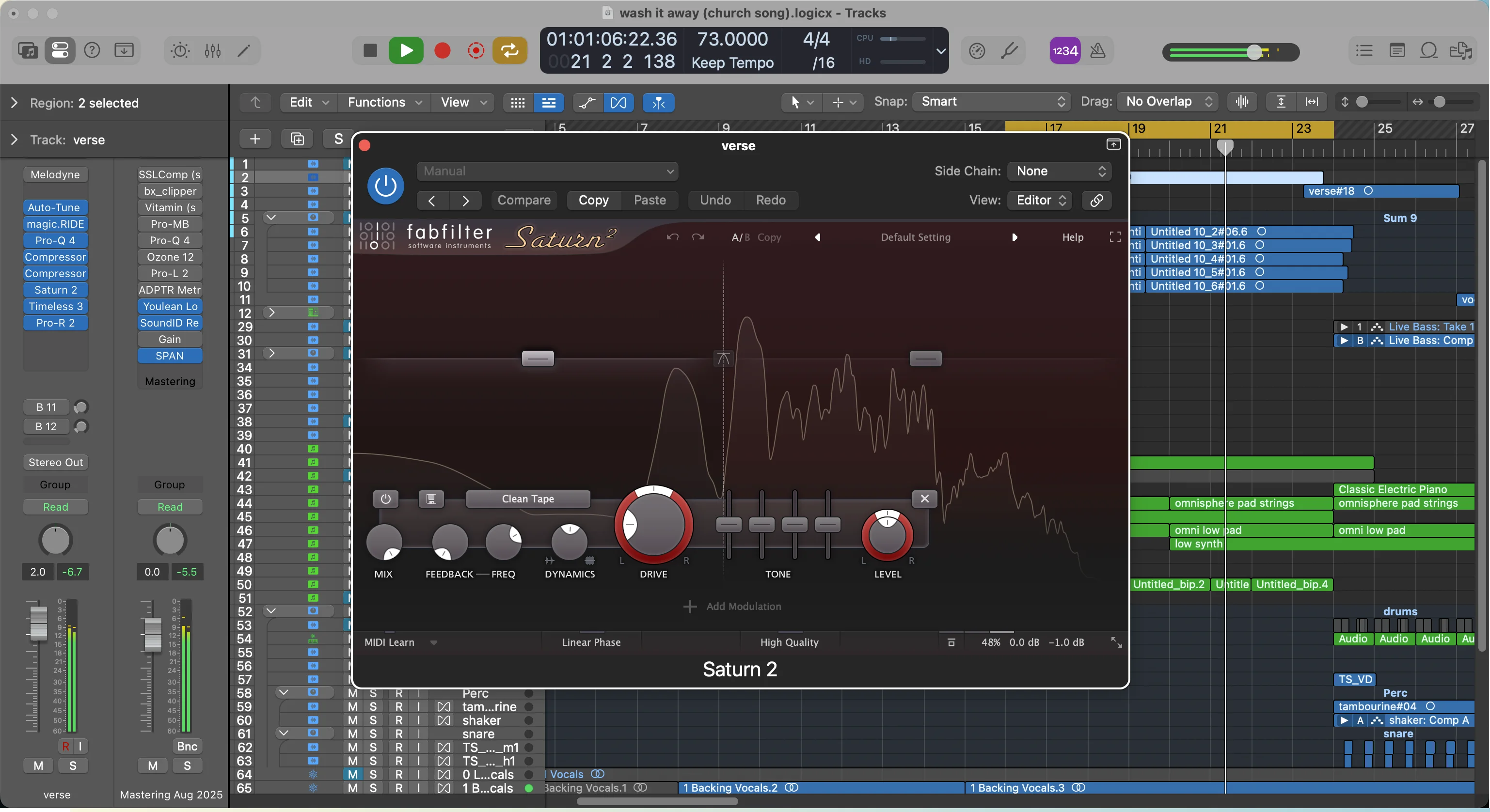 FabFilter Saturn 2 tape saturation plugin adding warmth and harmonic drive in Logic Pro
