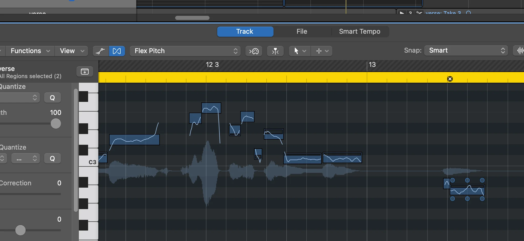 Logic Pro Flex Pitch editing vocal pitch curve, showing consistent vocal tuning approach