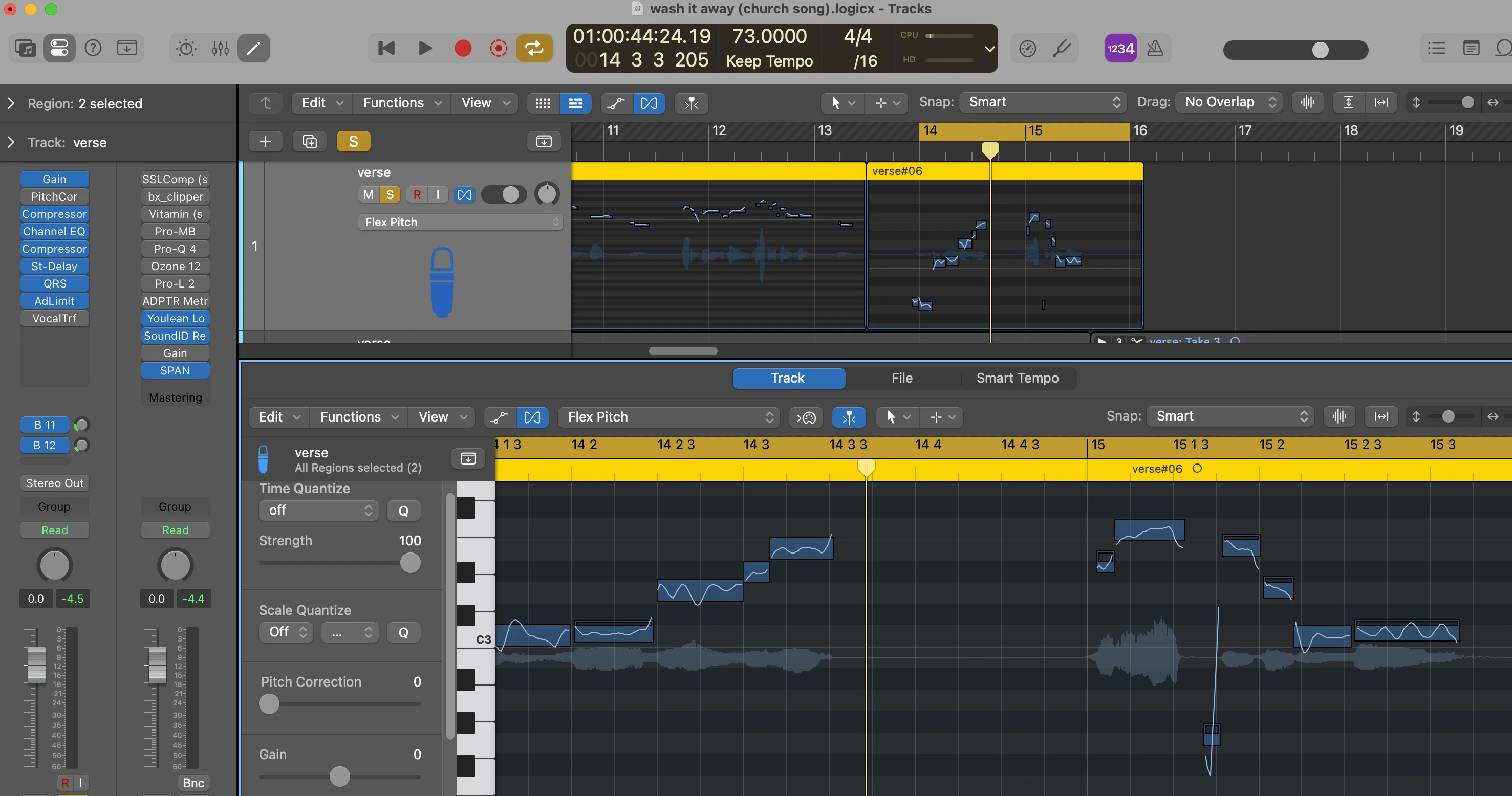 Logic Pro Flex Pitch editor displaying vocal pitch correction curves and timing adjustments for professional-grade tuning