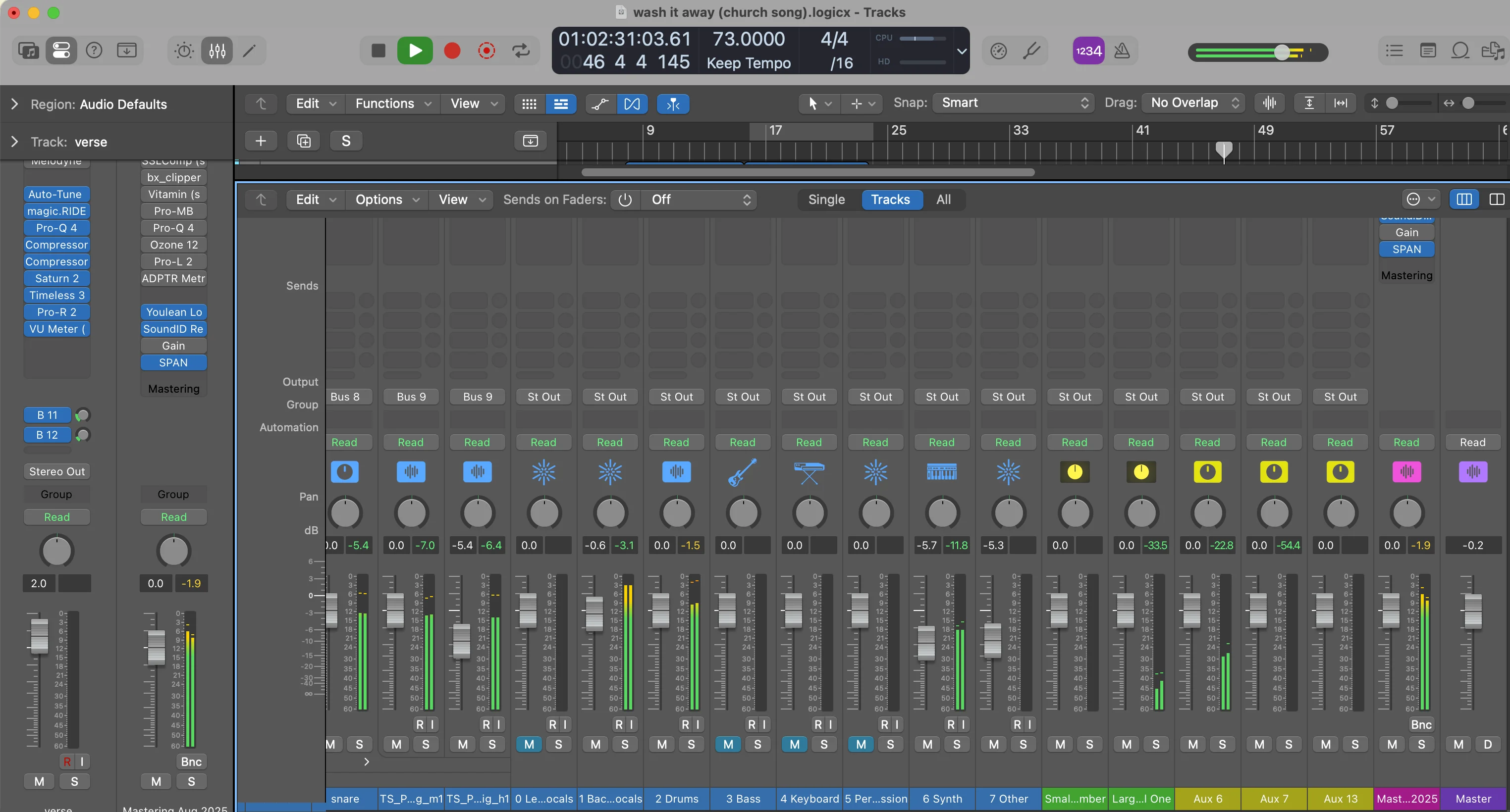Logic Pro mixer console view showing channel strips used to test the DAW's built-in stem separation feature