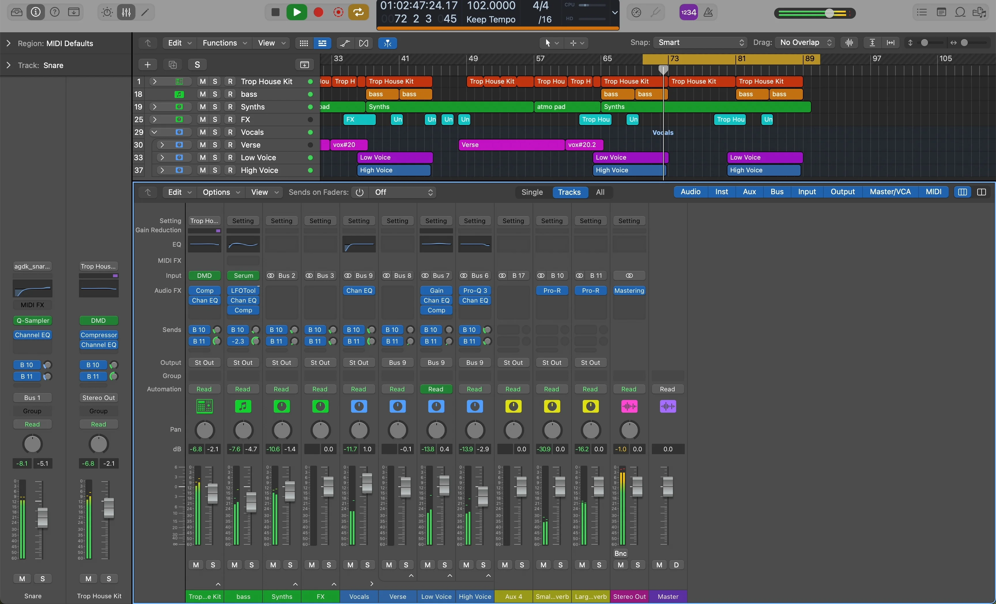 Logic Pro mixer channel strips used to compare individual vocal tracks against the dataset curve