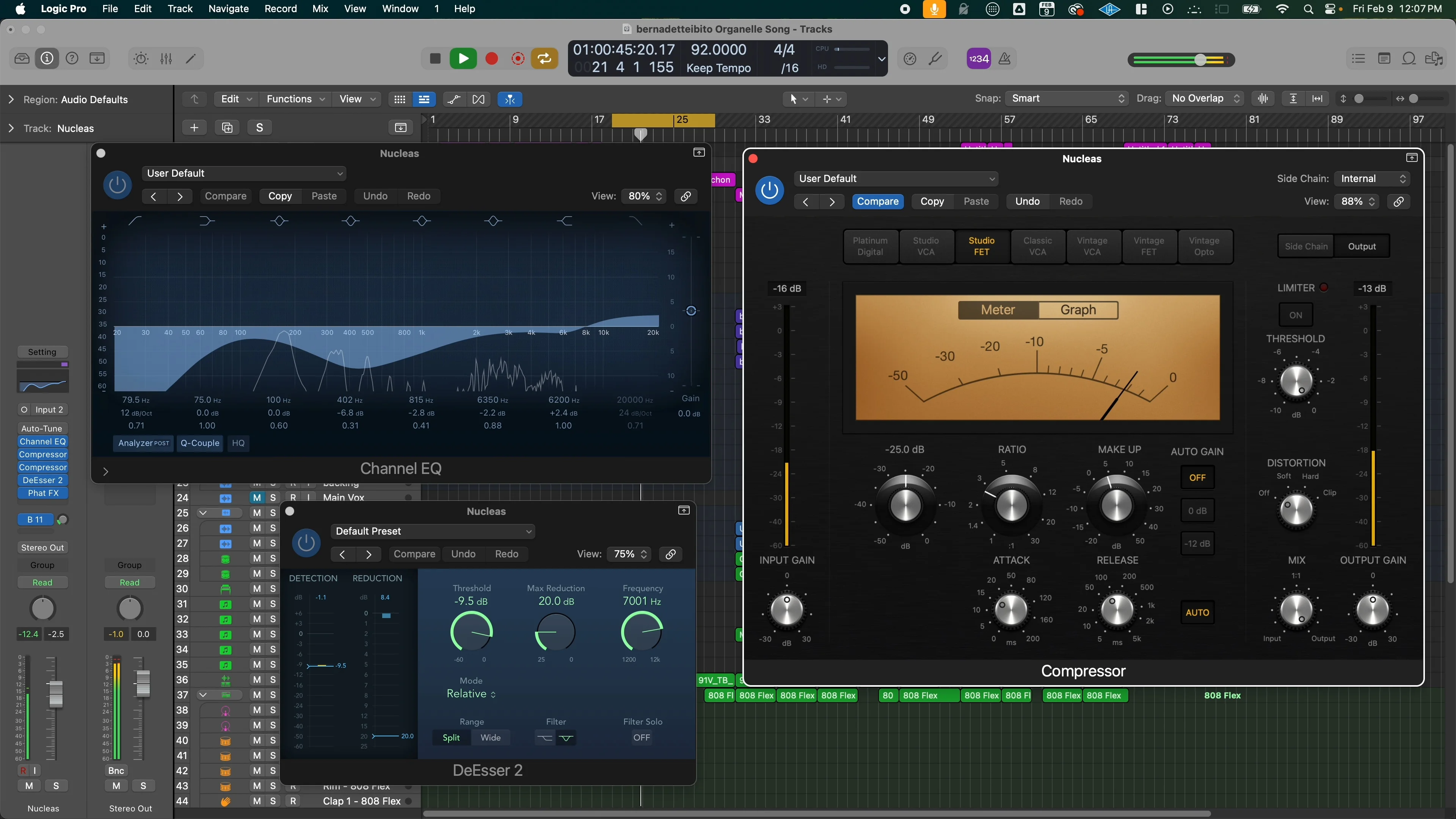 Channel EQ plugin chain in Logic Pro showing adjustable curve settings for different genre approaches