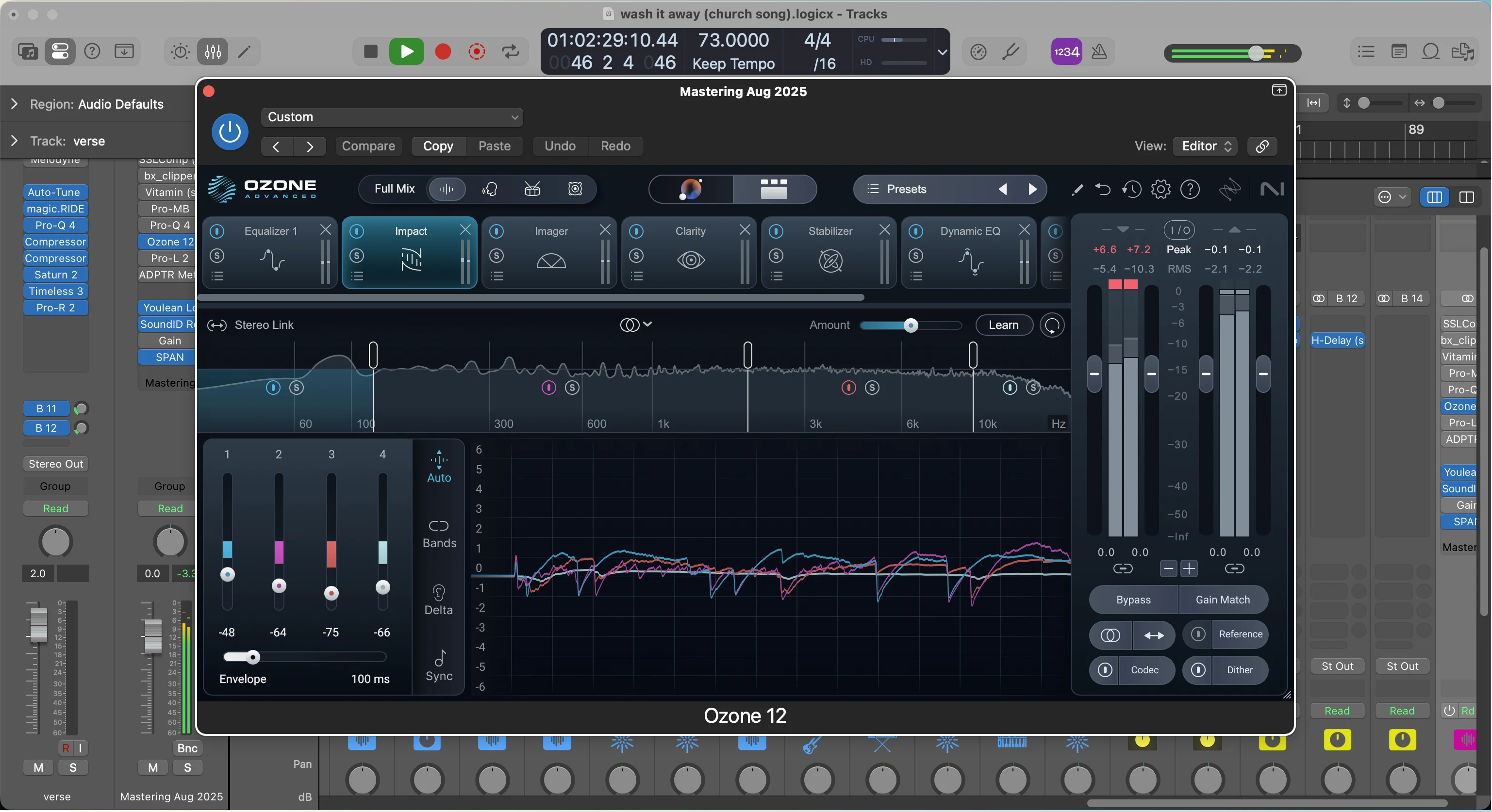Mastering chain with EQ and dynamics processing highlighting vocal-focused mix balance