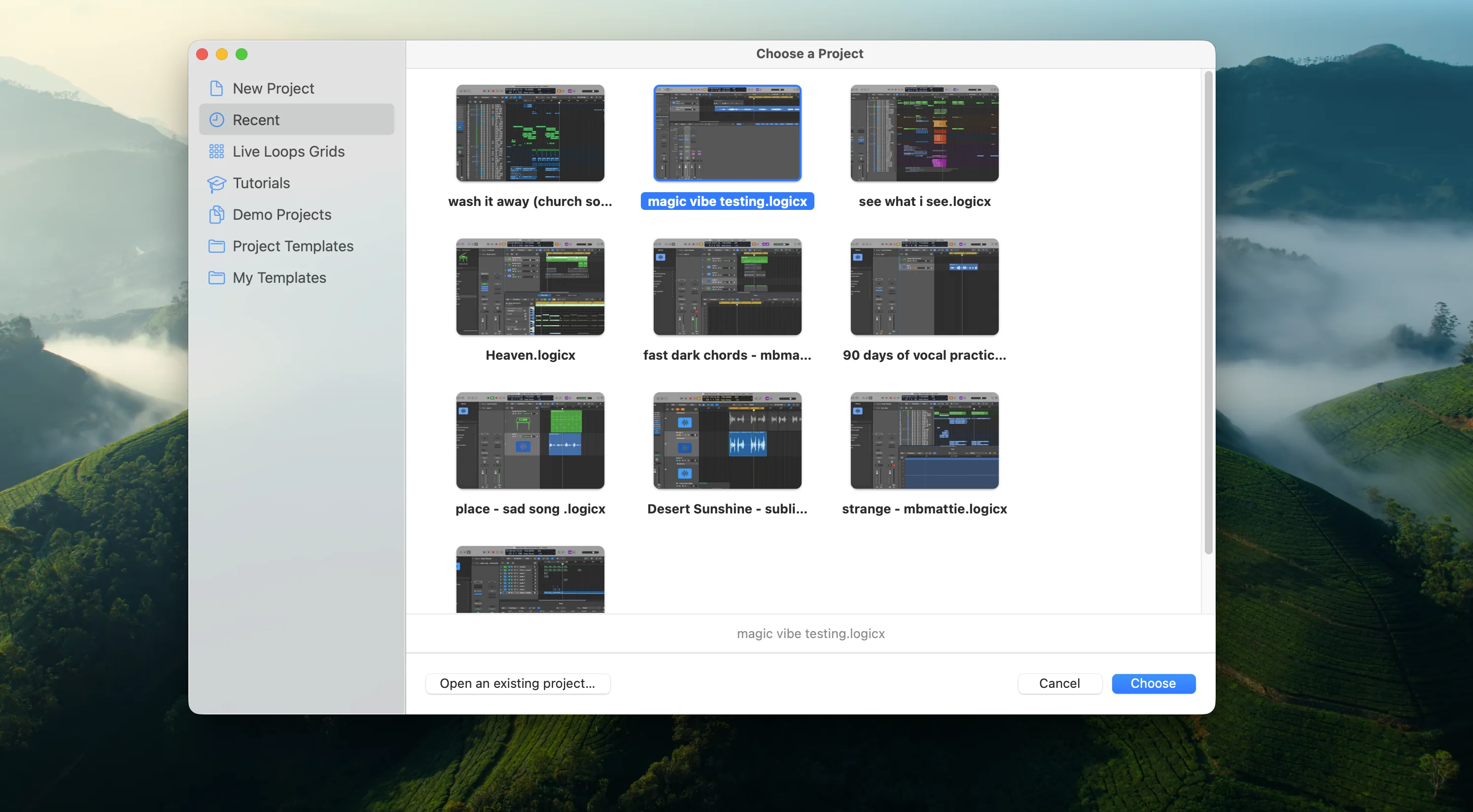 Logic Pro project selection screen showing multiple DAW song versions created for the comparison