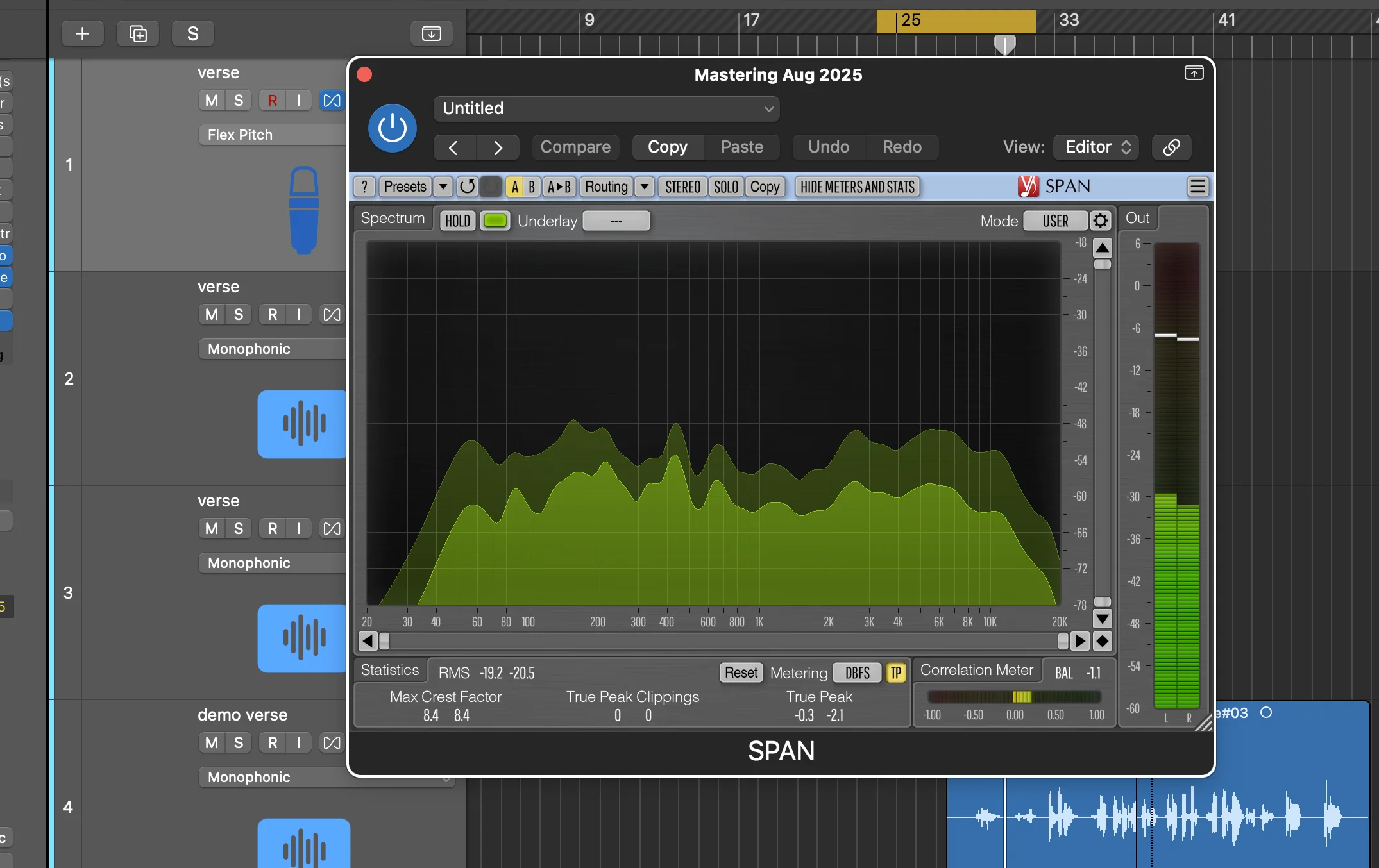 Frequency spectrum analyzer showing balanced mono-compatible mix typical of modern hit songs