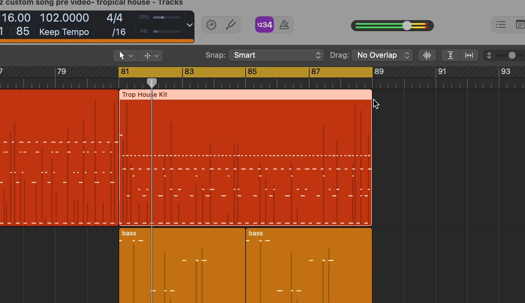 Logic Pro arrangement showing dark, repetitive drum and bass pattern typical of trap-influenced beats
