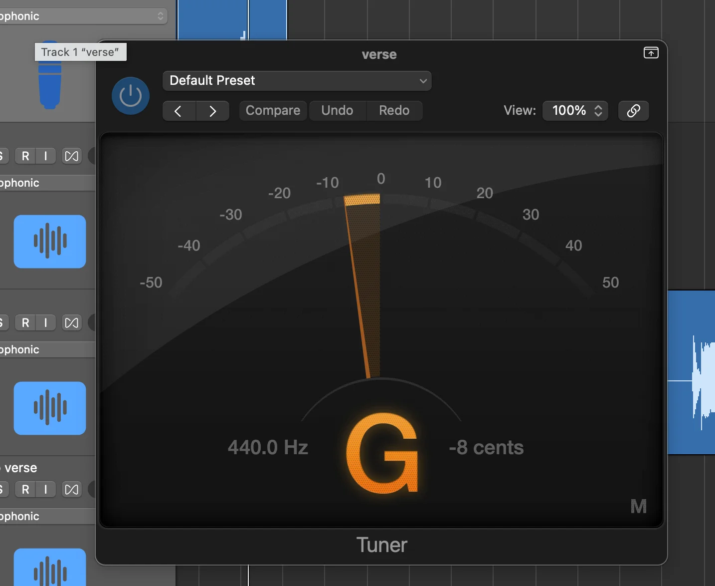 Logic Pro tuner plugin showing precise pitch detection for polished, radio-ready vocal results