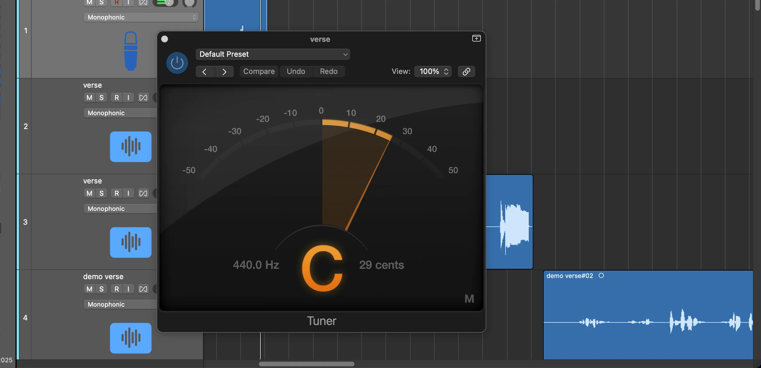 Logic Pro tuner plugin showing pitch detection while monitoring vocal recording accuracy