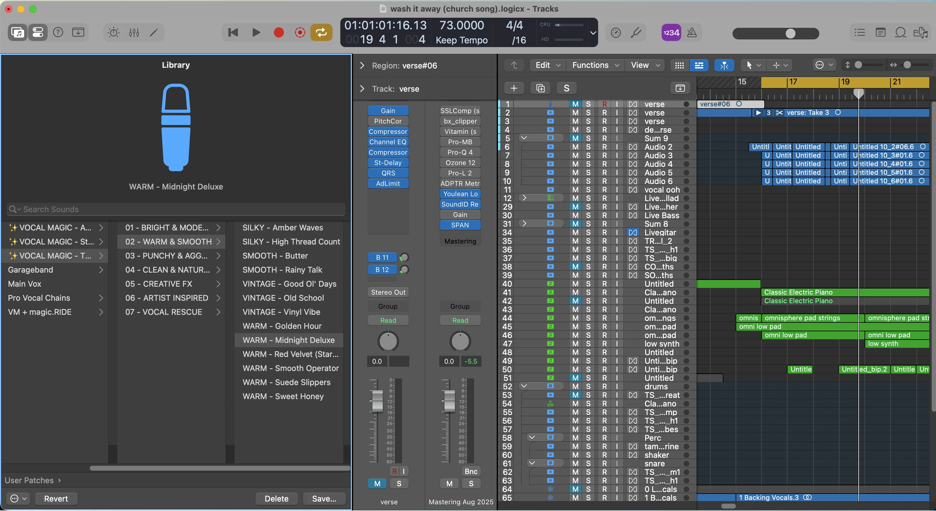 Vocal preset library showing extensive categories like Bright, Warm, Punchy, and Artist Inspired options