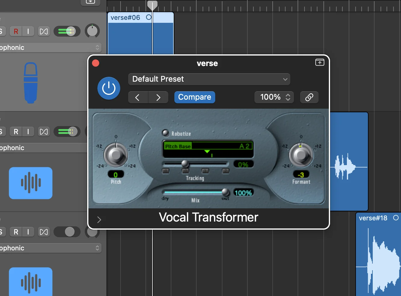 Logic Pro Vocal Transformer plugin used as an AI-powered vocal changer with pitch and formant controls