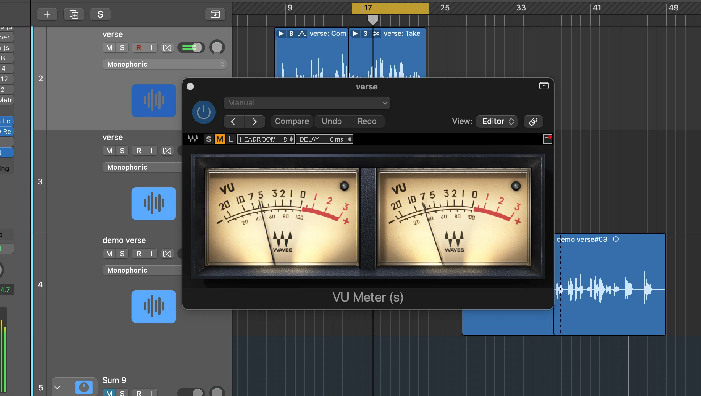 Logic Pro vintage analog VU meter plugin showing dual needle displays for measuring gain levels