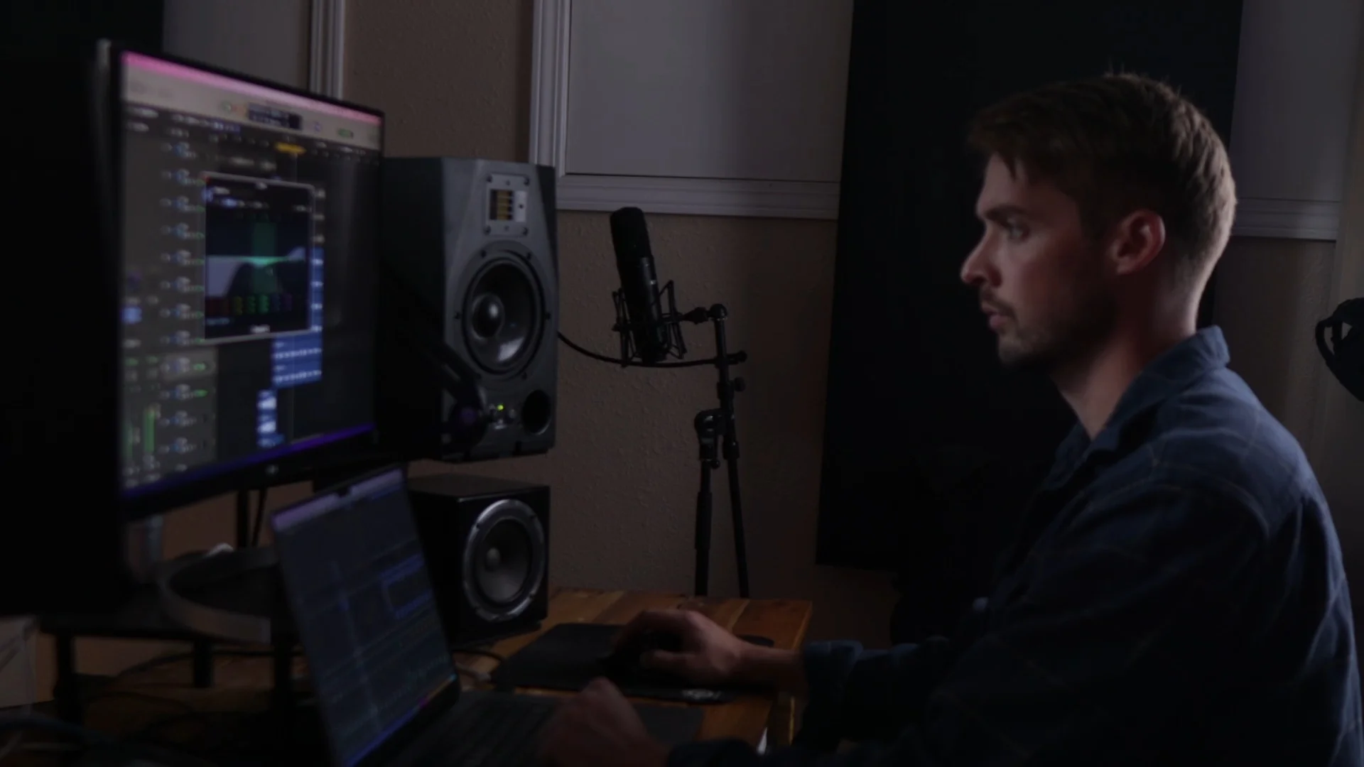 Mattie working on a Logic Pro mixing session, balancing AI tools with hands-on production