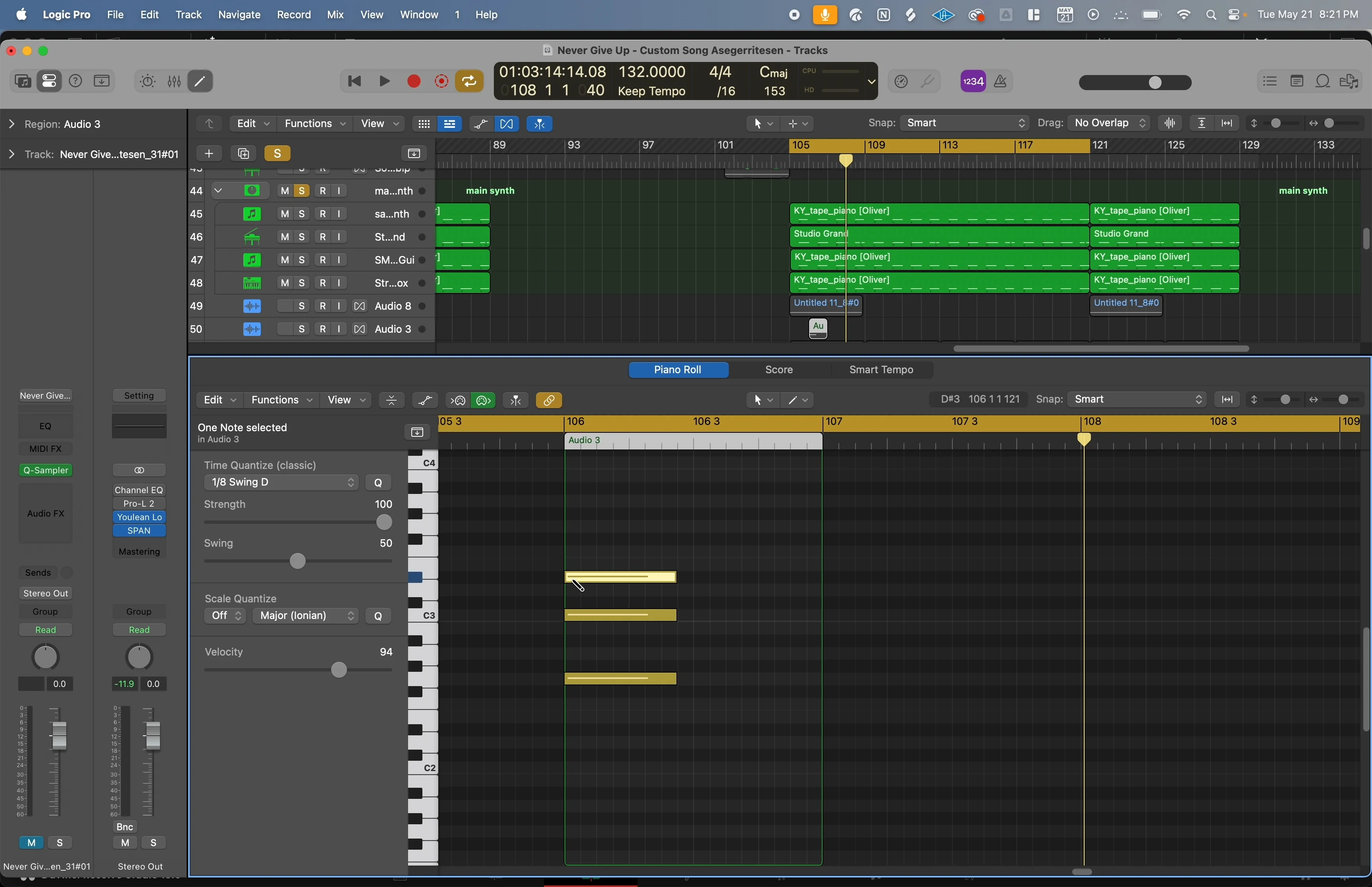 Logic Pro piano roll showing MIDI chord progressions generated for a track