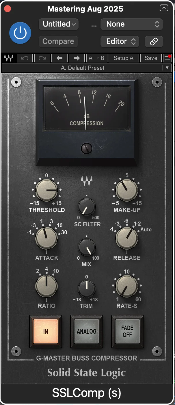 SSL bus compressor plugin in Logic Pro used to add sustain and glue to a mix