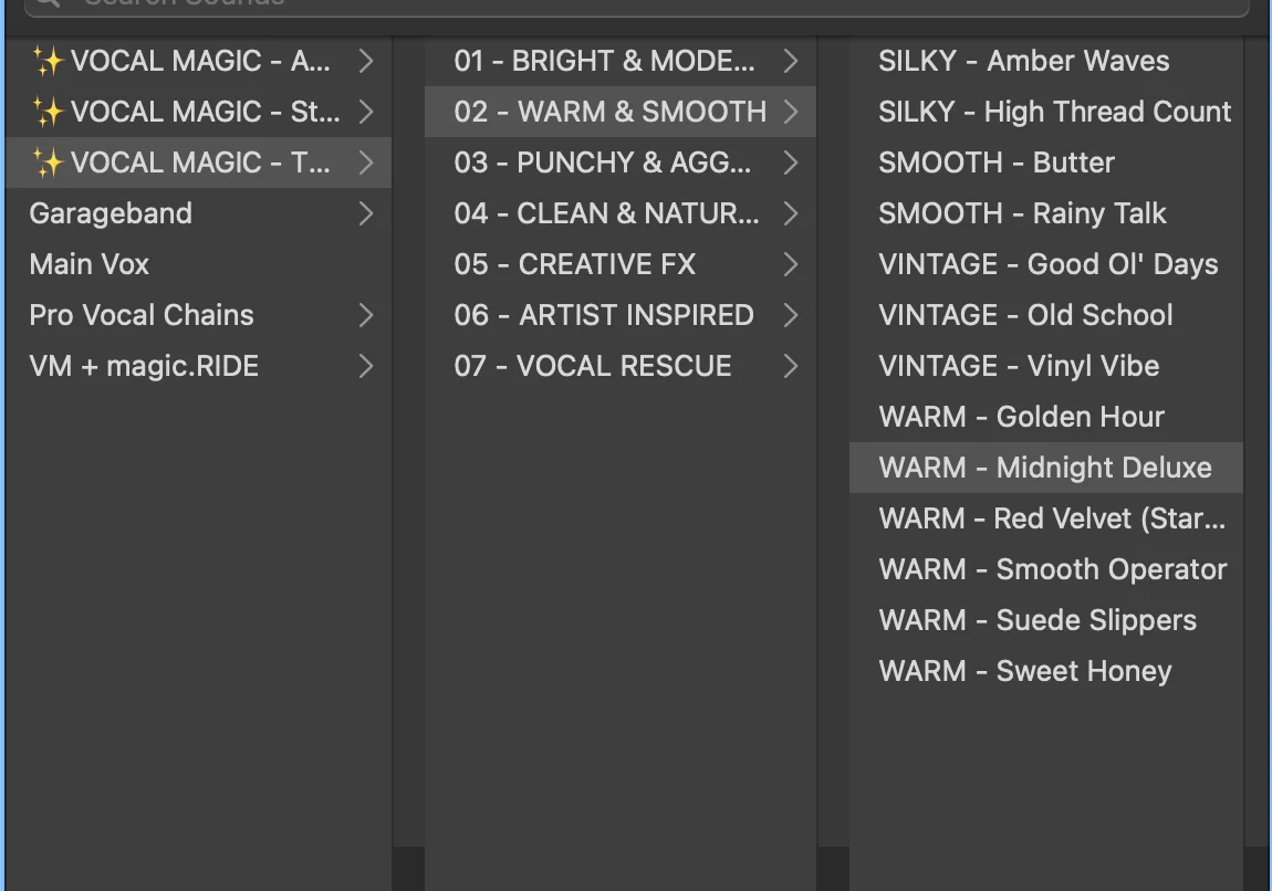 Vocal Magic plugin showing Silky, Smooth, Vintage, and Warm vocal processing presets