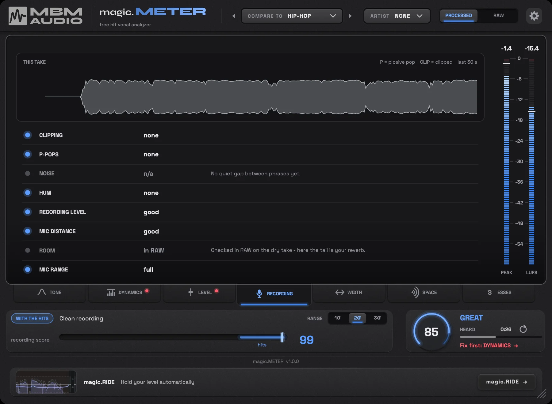 magic.METER on the RECORDING tab: the take's waveform over a checklist of clipping, P-pops, noise, hum, recording level, mic distance, room and mic range