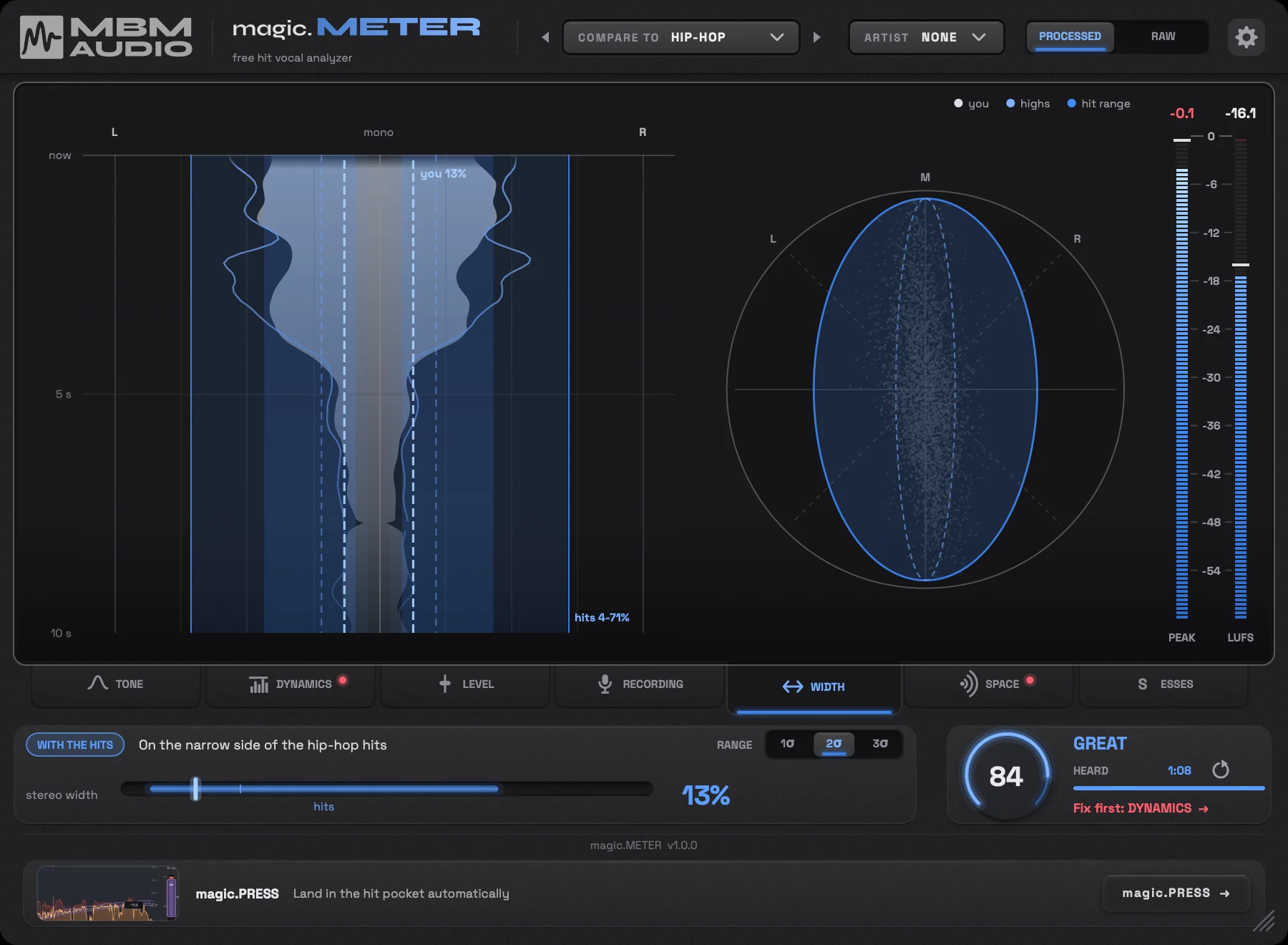 magic.METER on the WIDTH tab: the vocal's stereo spread over the last 10 seconds and a goniometer, against where hit vocals sit