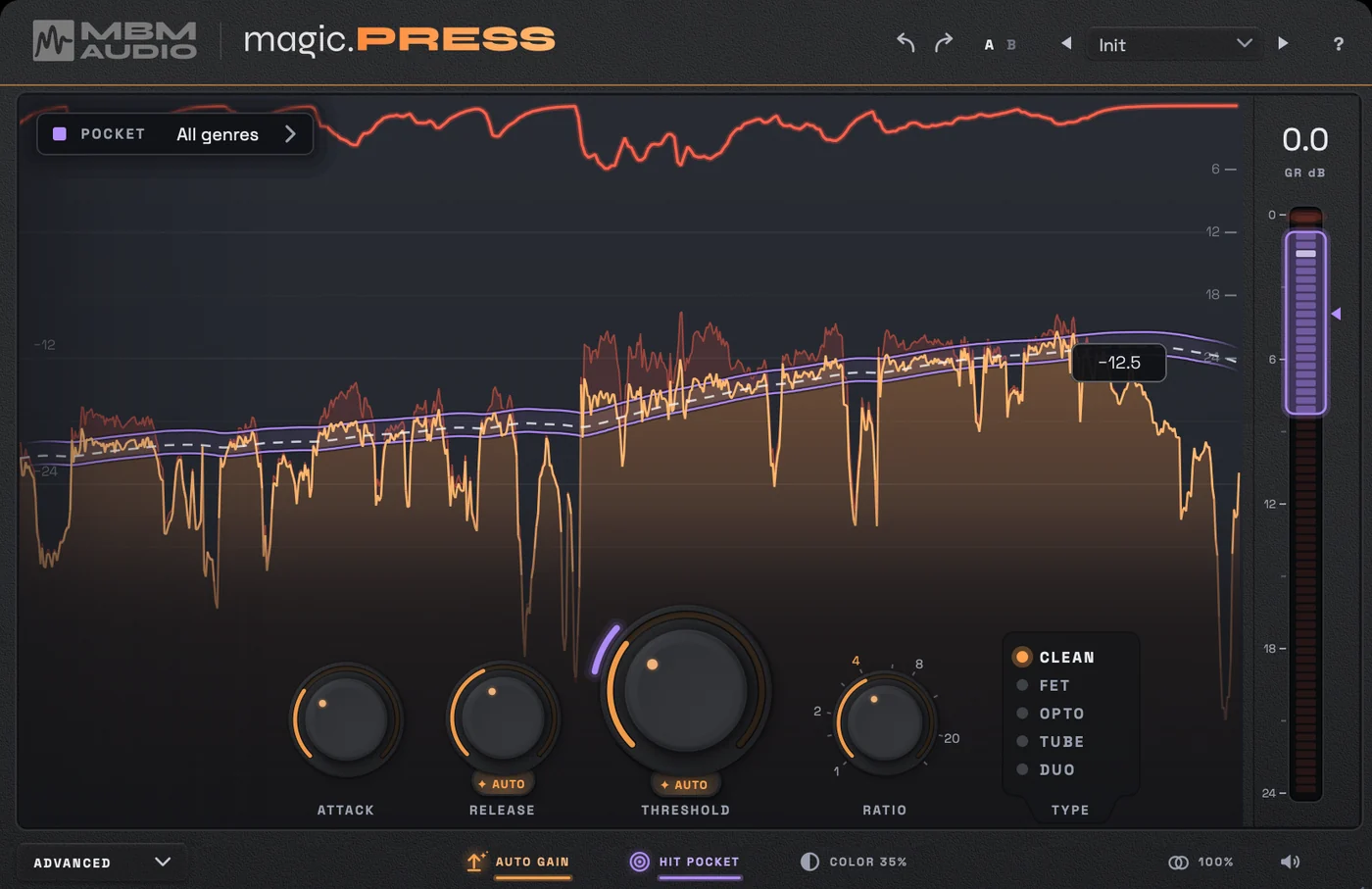 magic.PRESS plugin: a vocal pressed into the hit pocket, with the gain reduction meter at the right