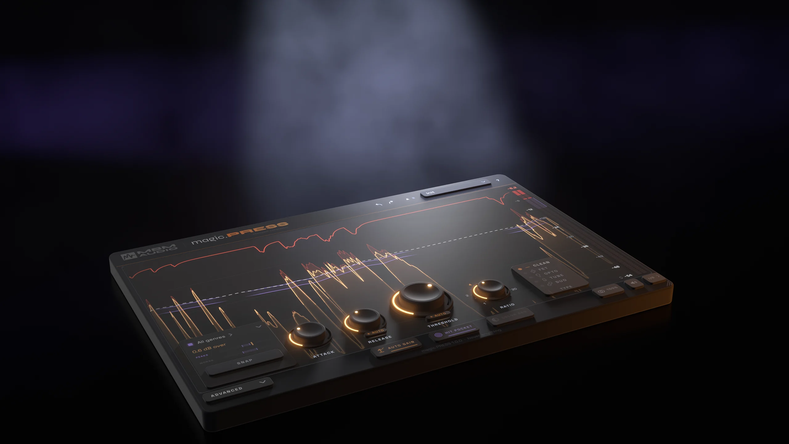 magic.PRESS as a 3D device in a dark, hazy room, its knob rings glowing amber